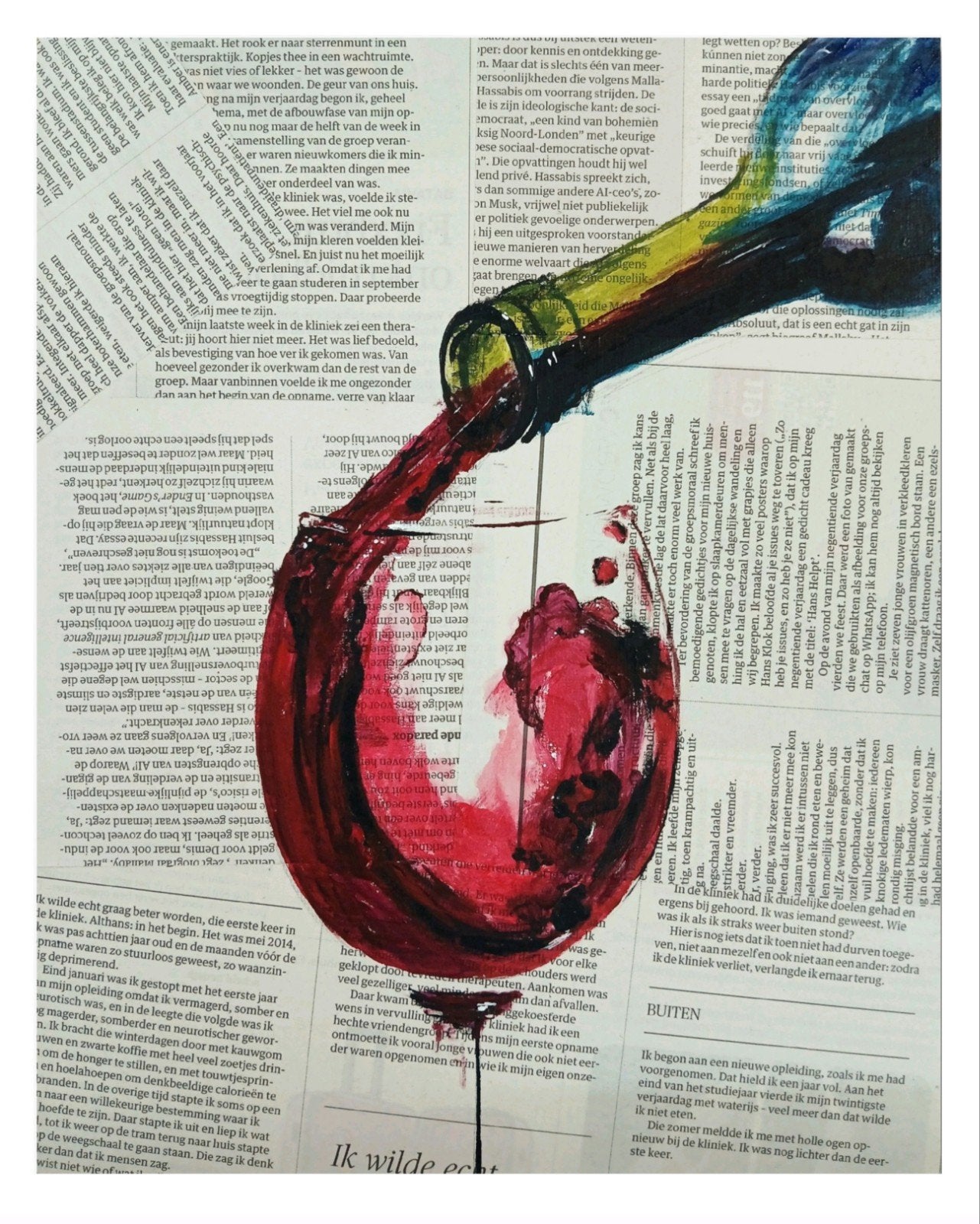Handgeschilderd Modern Schilderij "Wine & News", Ophalen of Verzenden, Gesigneerd, Acrylverf, Stilleven