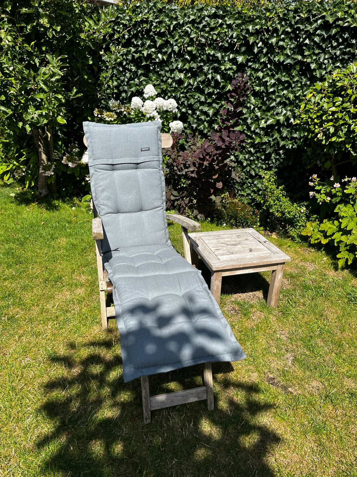 Teak deckchair met tafeltje en Madison Topline kussen, Ophalen, Gebruikt, Teakhout, Verstelbaar