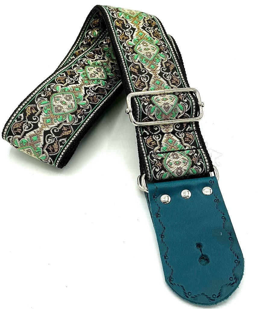 Gitaarband leer GBStof011 zwart groen barok bohemian 156cm, Verzenden, Nieuw, Akoestische gitaar