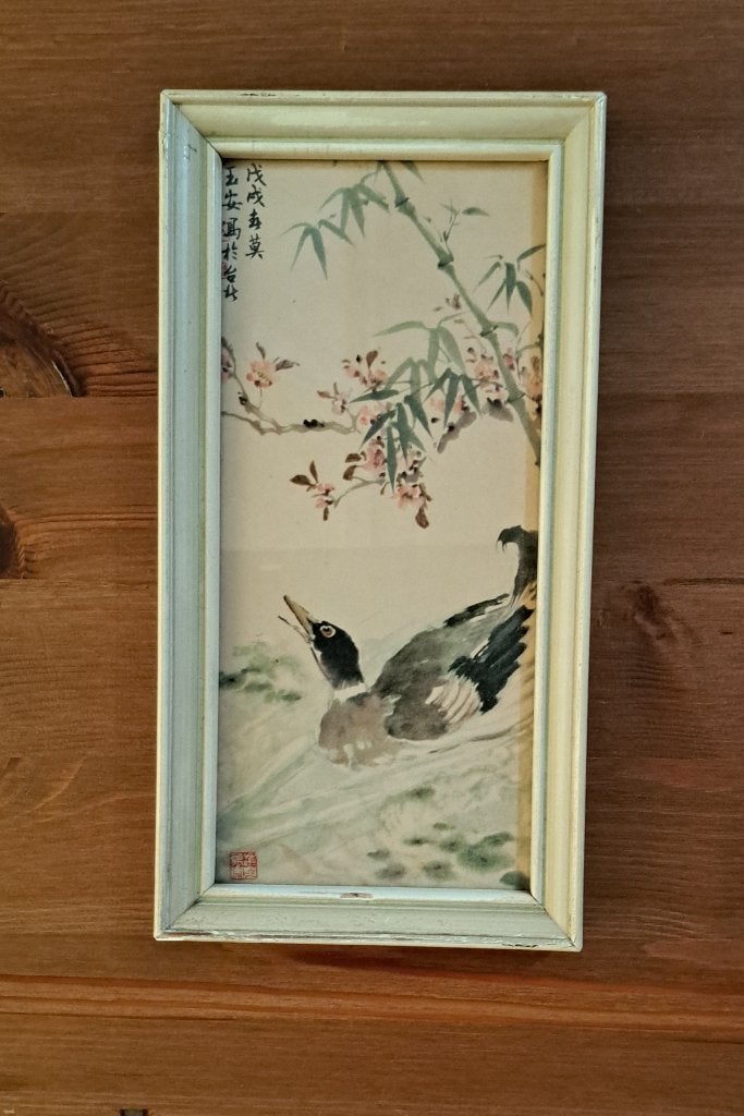 Vintage chinees schilderijtje eend  houten lijst bloesem, Huis en Inrichting, Ophalen of Verzenden, Gebruikt, Minder dan 50 cm