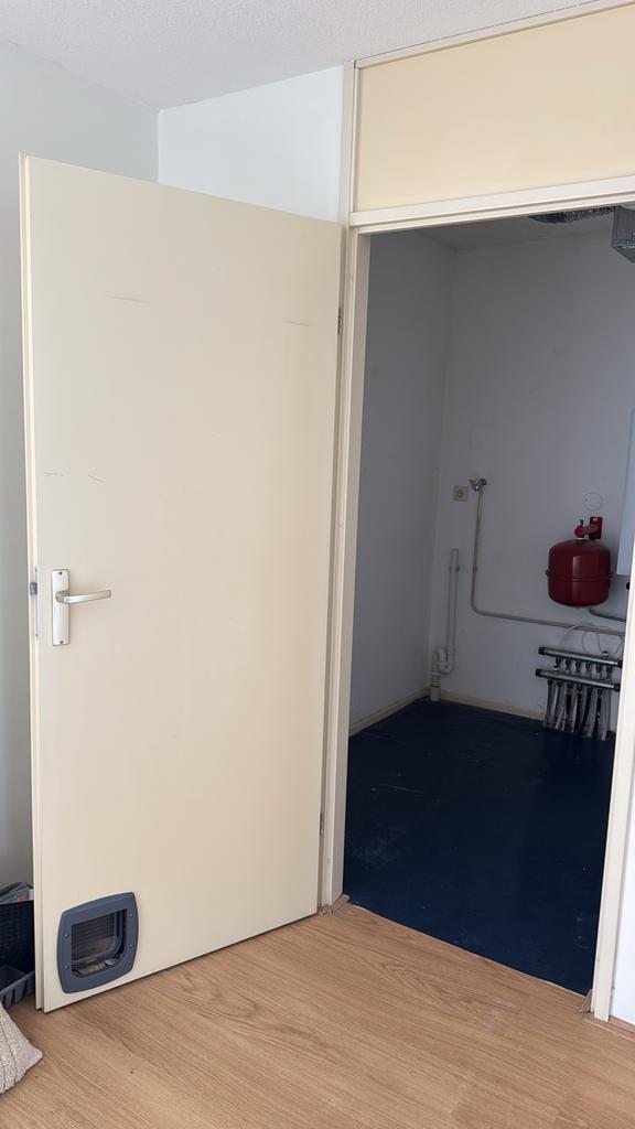 Opdekdeur 83x201 linksdraaiend met kattenluik, Doe-het-zelf en Verbouw, Deuren en Horren, Ophalen, Gebruikt, 80 tot 100 cm, Binnendeur