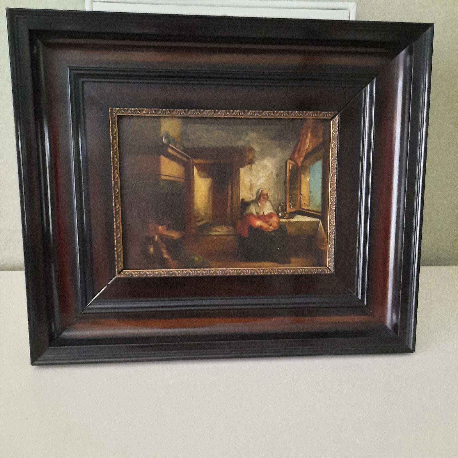 Oud-Hollands interieur met vrouw bij venster, Ophalen, Handgeschilderd, Paneel