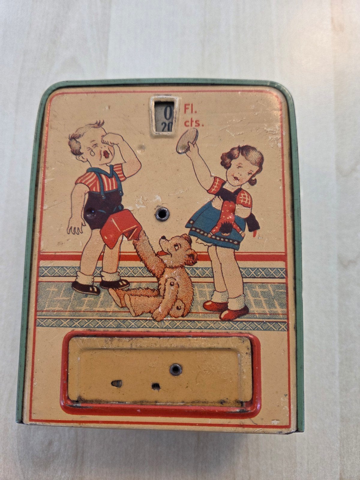 Vintage spaarpot met teller - Gulden dubbeltjes, Ophalen of Verzenden, Gebruikt, Metaal of Blik, Overige thema's