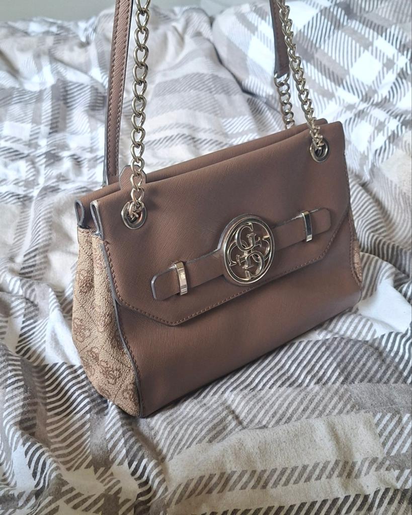 Vintage Guess Tas - Bruin met Beige Patroon & Gouden Details, Verzenden, Zo goed als nieuw, Beige, Handtas