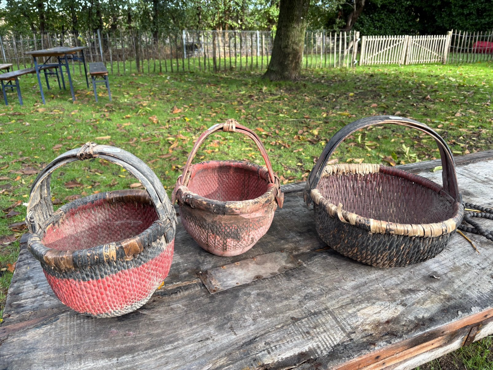 3 oude plukmandjes, Gebruikt, Mand, T, Rond