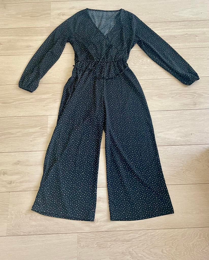 Zwart witte polkadot print culotte wijde pijpen jumpsuit, Ophalen, Gedragen, Maat 36 (S), Zwart