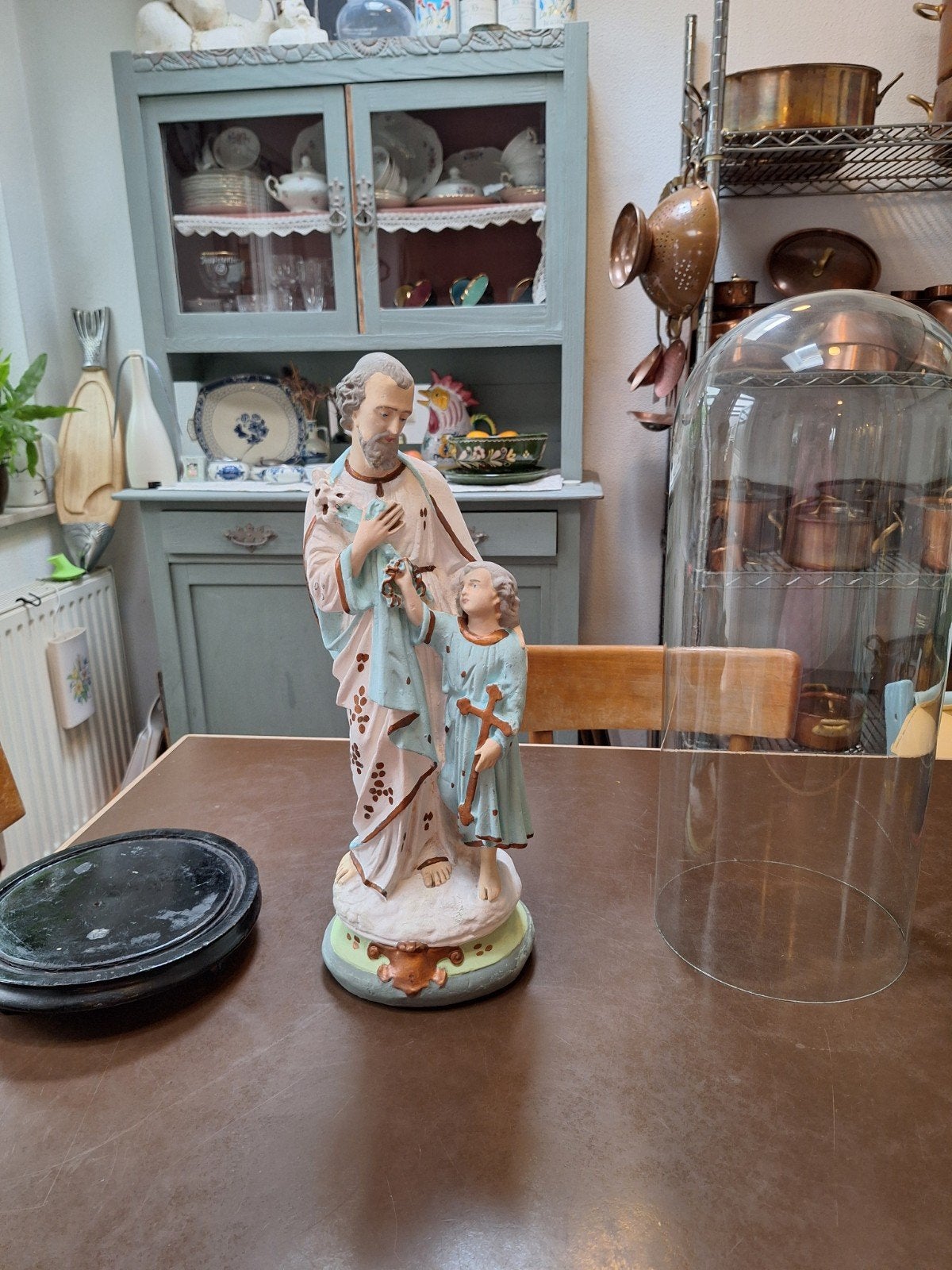 Antiek beeld Jozef met kindje Jezus onder glazen stolp, Ophalen of Verzenden