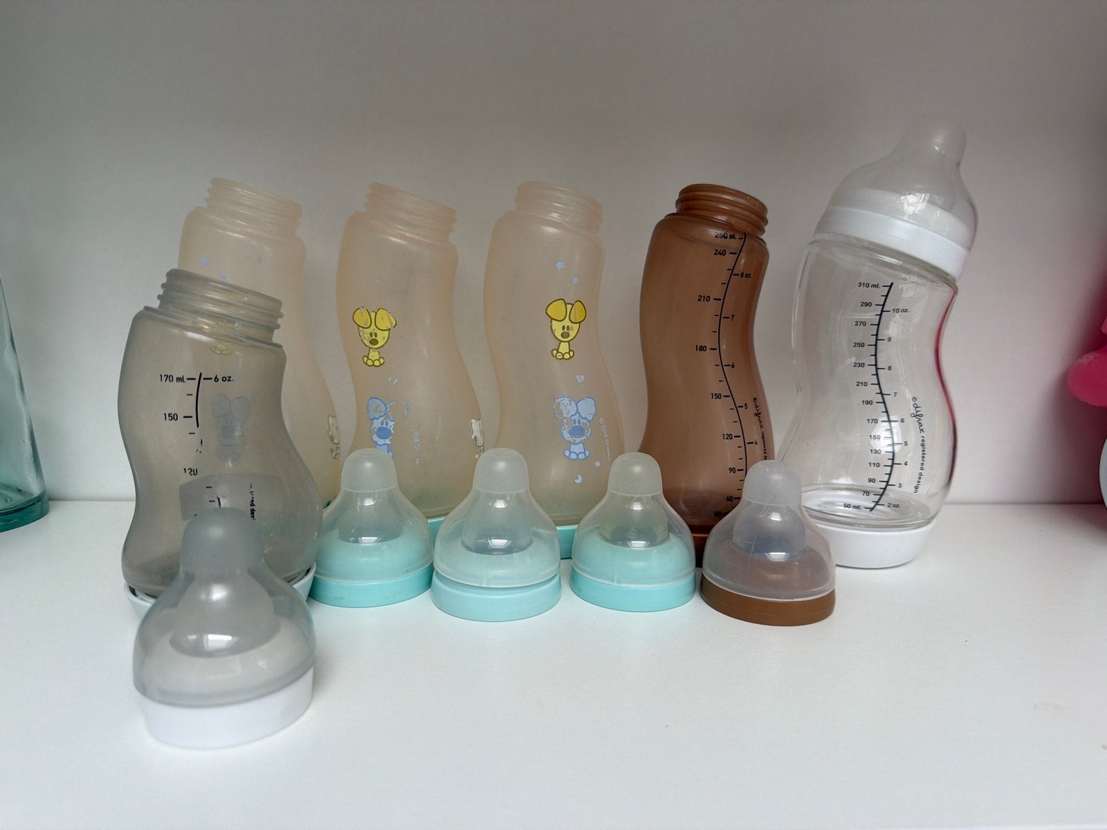 Difrax flessen - 6 stuks, waaronder 1 glazen fles (nieuw), Ophalen of Verzenden, Gebruikt, Babyfles, Difrax