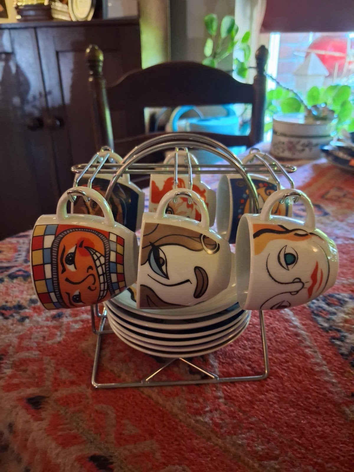 Espressokopjes met schotels en houder, 6 stuks, Gebruikt, Overige merken, Keramiek, Ophalen of Verzenden