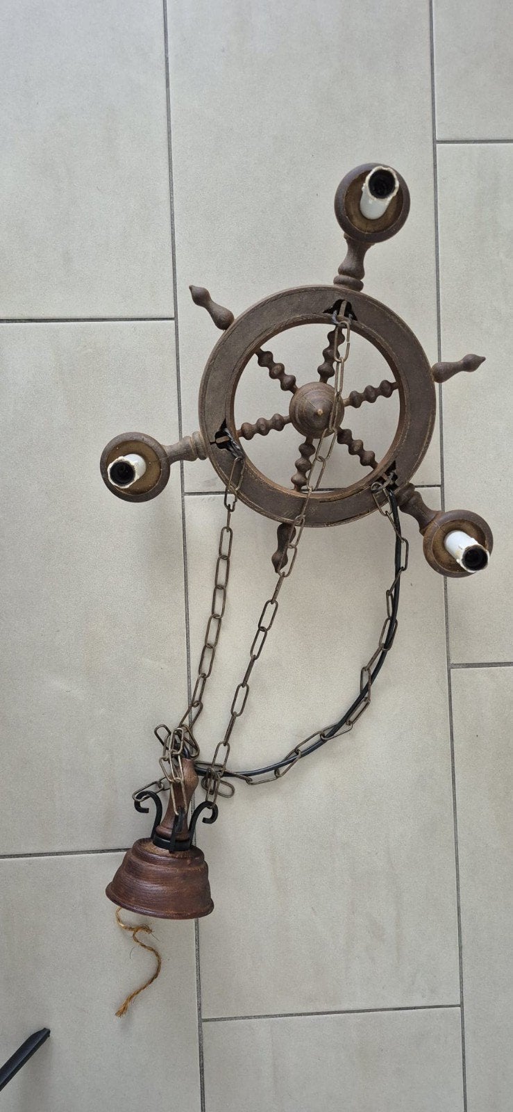 Vintage scheepswiel kroonluchter!, Huis en Inrichting, Lampen | Kroonluchters, Ophalen of Verzenden, Gebruikt, Hout, Nautisch