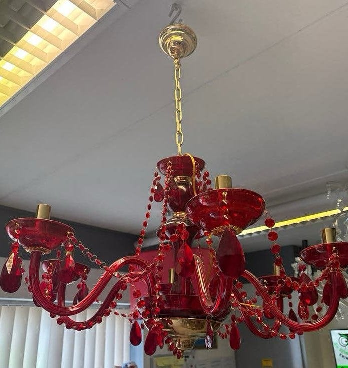 Prachtige Rode Kroonluchter met Kristallen, Ophalen of Verzenden, Zo goed als nieuw, Glas, E14 (klein)