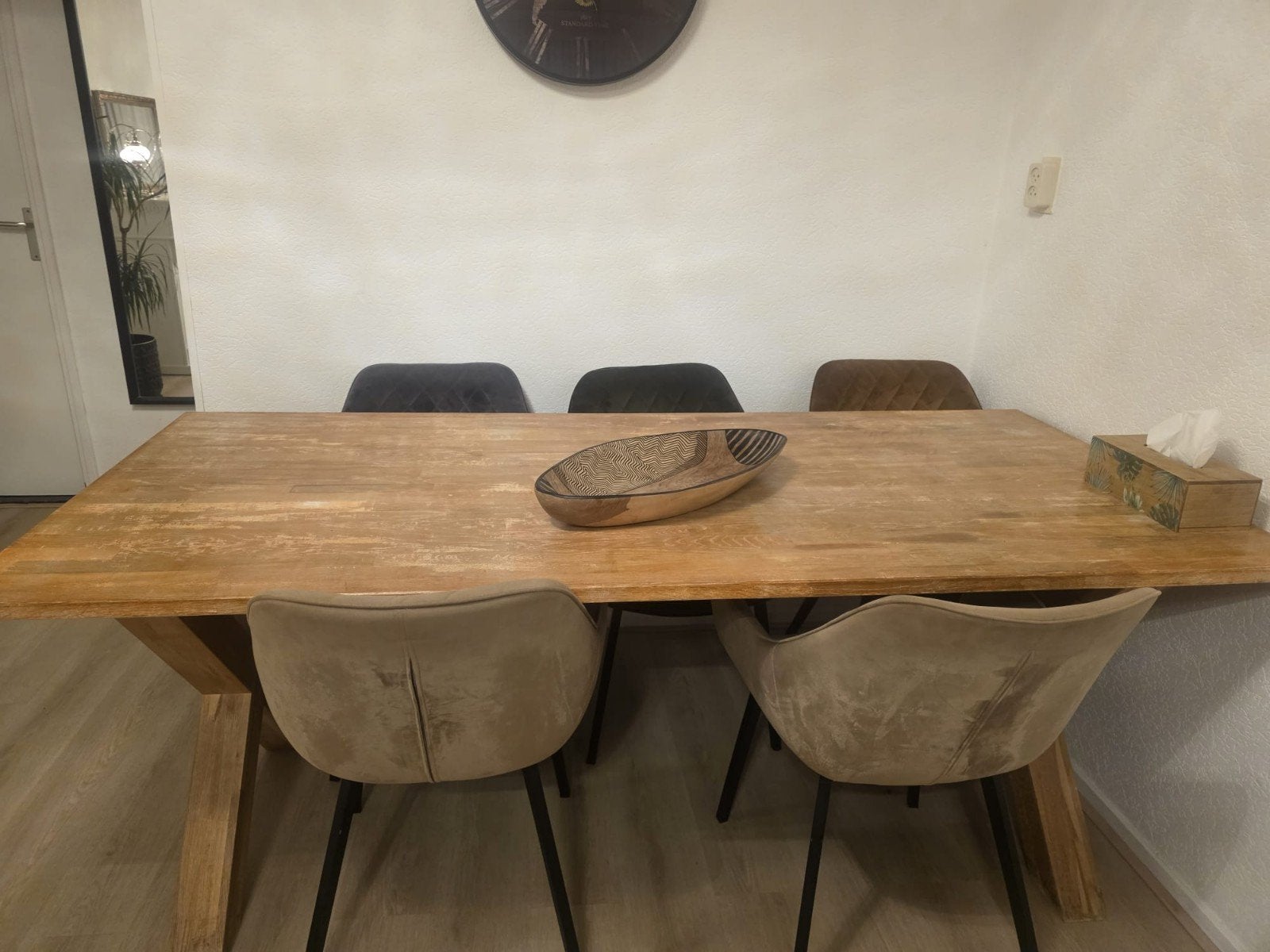 houten eettafel met 5 comfortabele stoelen, Gebruikt, Overige materialen, Vijf personen of meer, Modern industrieel