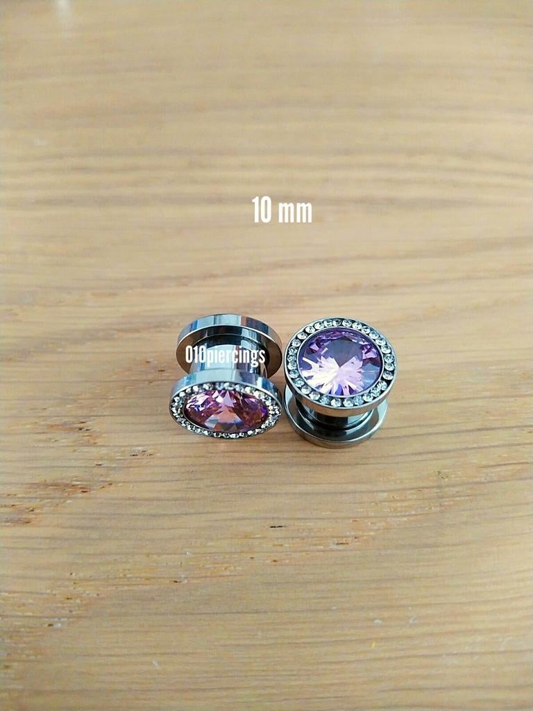 Nieuwe pluggen, tunnels. Staal. Roze steen. 8, 12, 14 mm., Ophalen of Verzenden, Zo goed als nieuw, Staal, Oor- of Traguspiercing