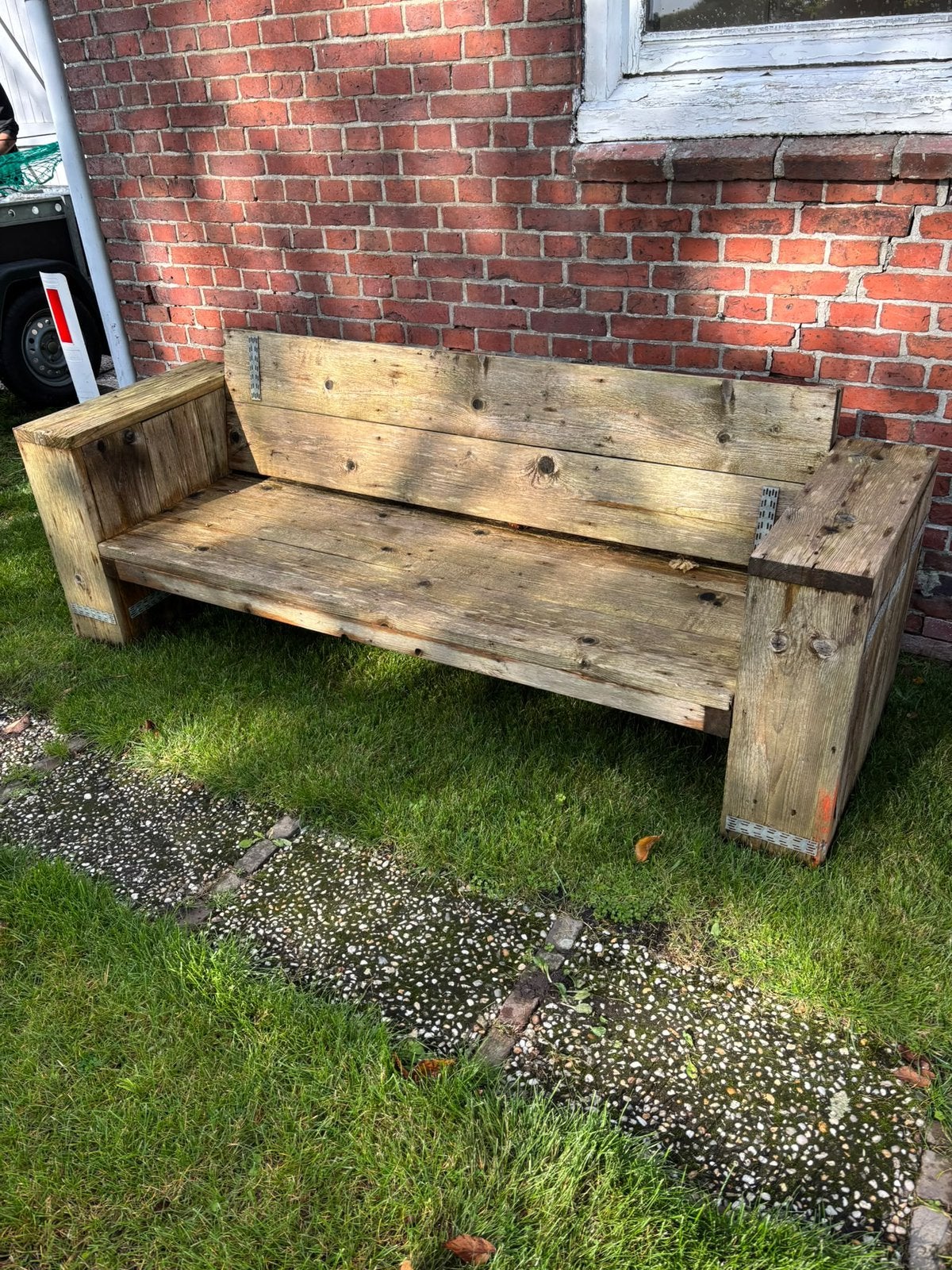 Steigerhouten bank en ruime stoel, Ophalen, Gebruikt, Hout