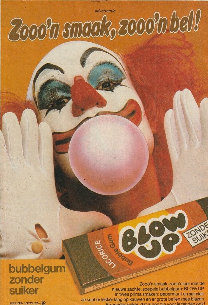 Retro reclame 1982 Blow Up kauwgum met zo'n clown, Verzamelen, Verzenden, Overige typen