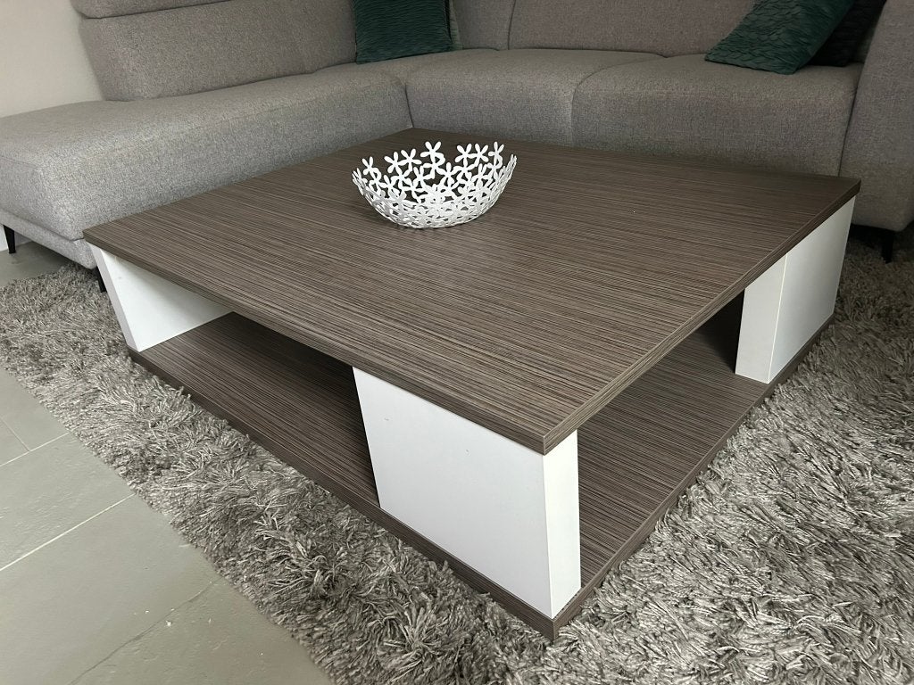 Vierkanten moderne salontafel taupe-wit, Huis en Inrichting, Tafels | Salontafels, Ophalen, Overige materialen, Gebruikt, 100 tot 150 cm