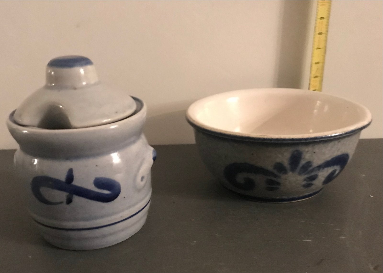 Vintage aardewerk potje en kommetje, blauw-wit decor, Ophalen