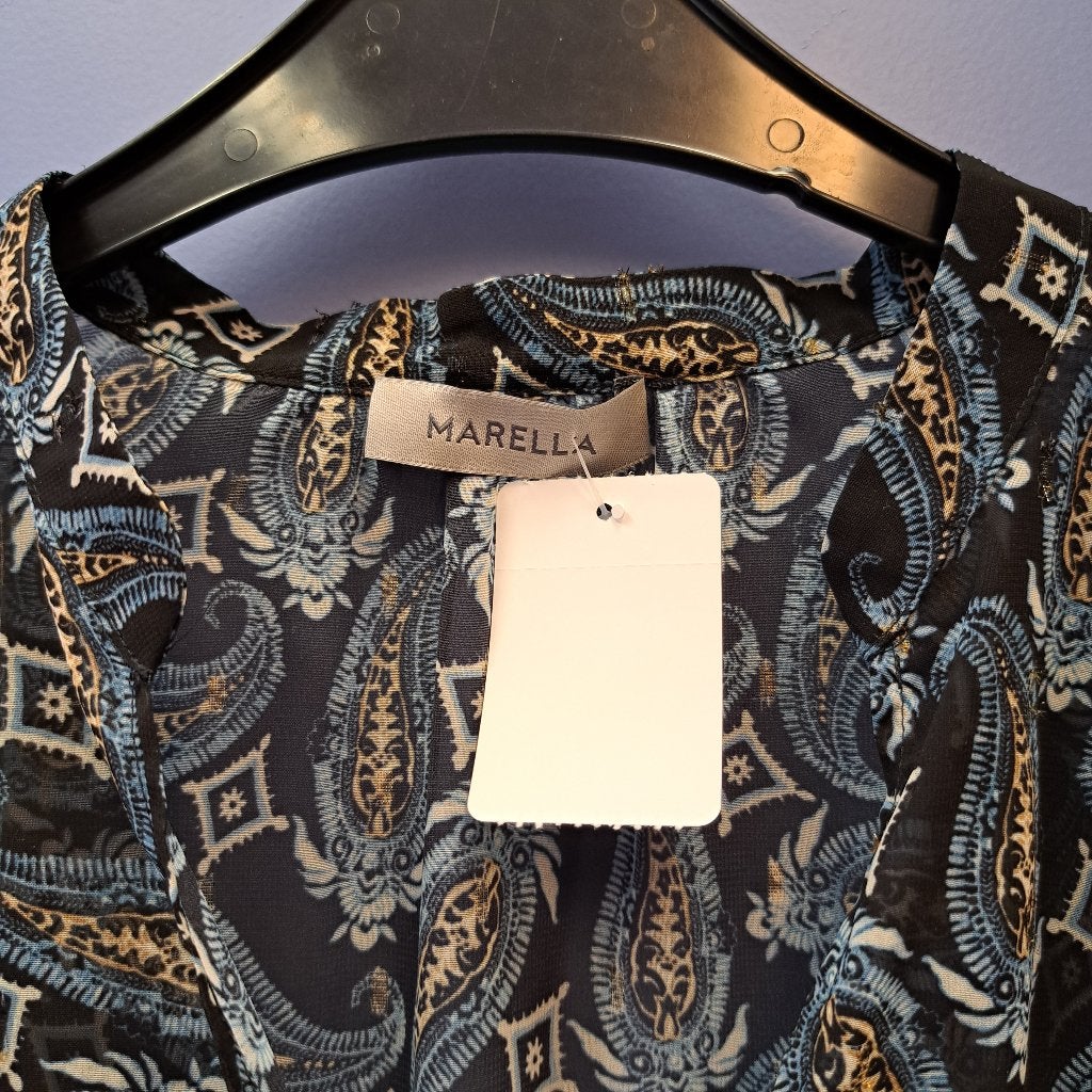 Marella blouse blauw /zwart/glitter paisley print L-XL 43502, ., Marella, Maat 42/44 (L), Zo goed als nieuw