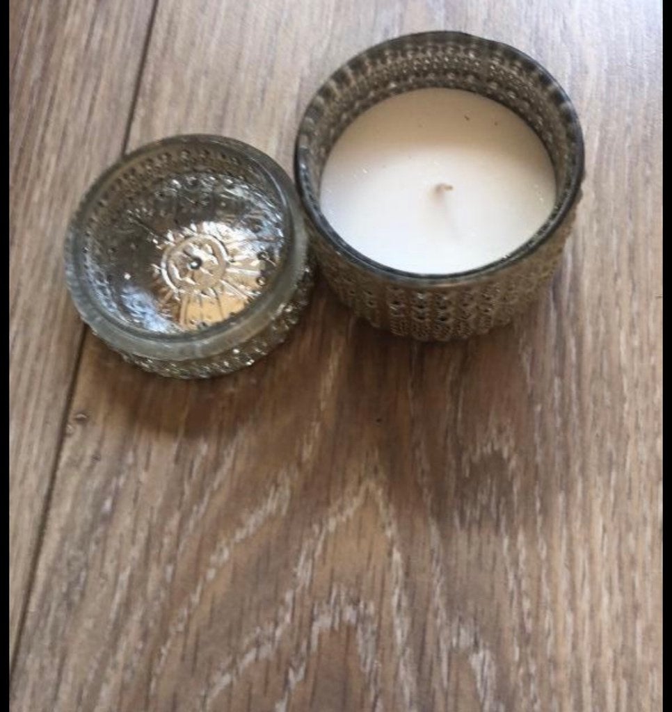 Zilverkleurg potje met kaars, Ophalen of Verzenden, Gebruikt, Kaars