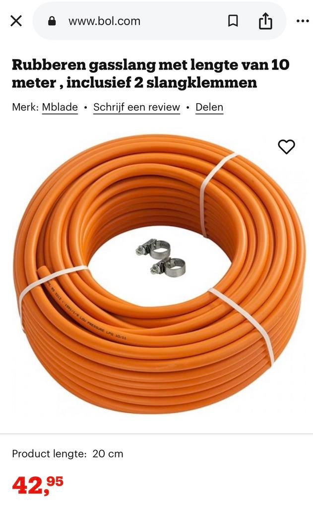 Gasslang voor butaan en propaan. Maximale druk 20 bar Een ho, Doe-het-zelf en Verbouw, Ophalen, Zo goed als nieuw, Kabel of Snoer