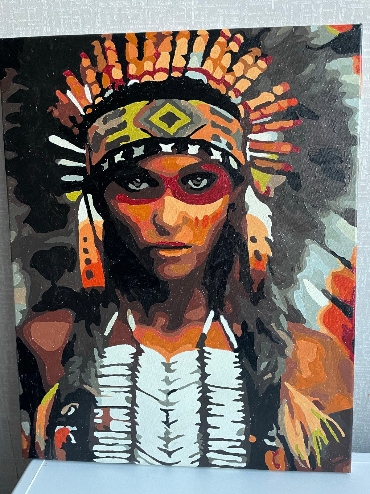 Schilderij van Indiaanse vrouw met hoofdtooi, Acrylverf, Handgeschilderd, Ophalen of Verzenden, Portret