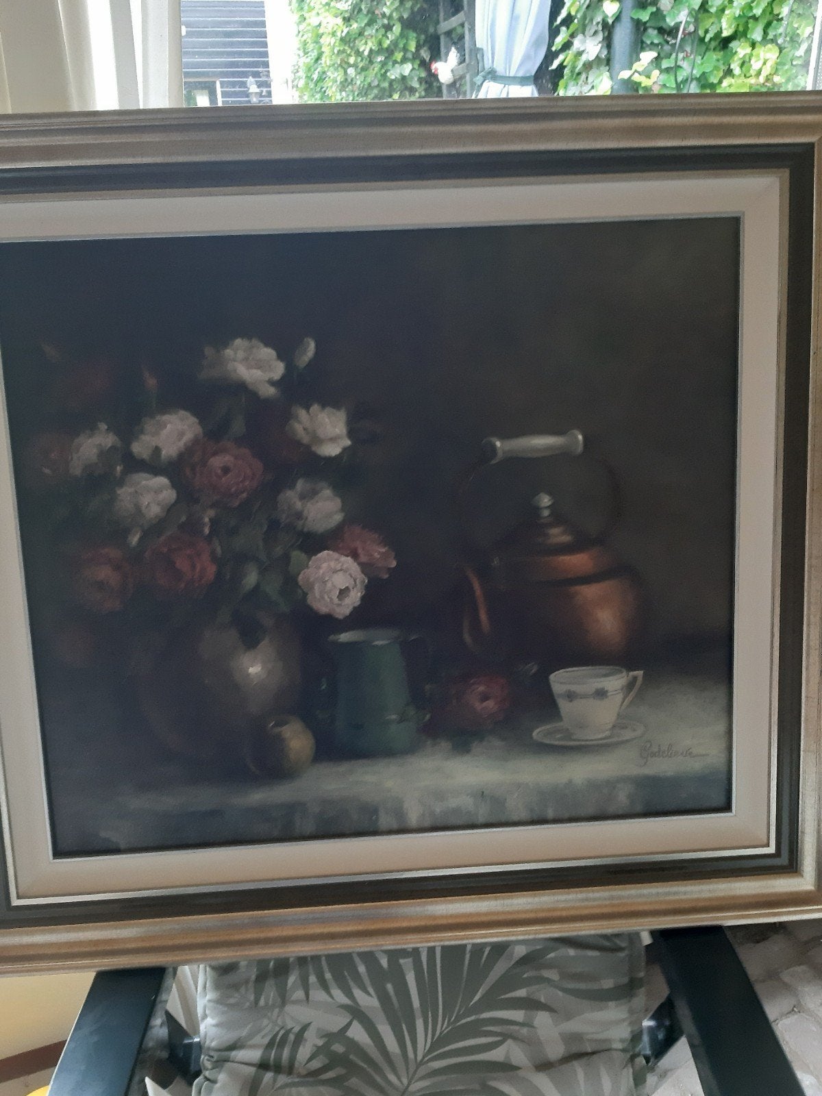 Prachtig stilleven van Godelive met bloemen en theeservies, Antiek en Kunst, Kunst | Schilderijen | Klassiek, Ophalen of Verzenden