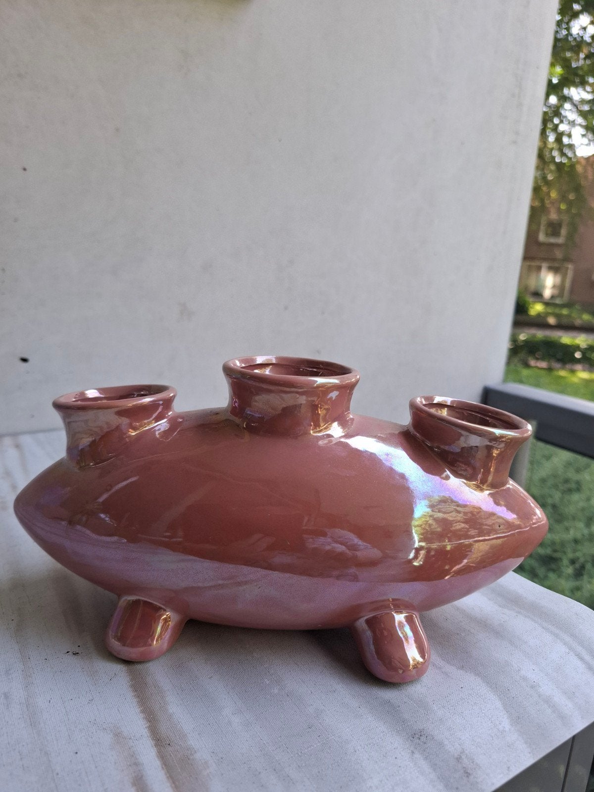Unieke roze iriserende vaas met 3 openingen, Huis en Inrichting, Woonaccessoires | Vazen, Ophalen of Verzenden, Nieuw, Roze