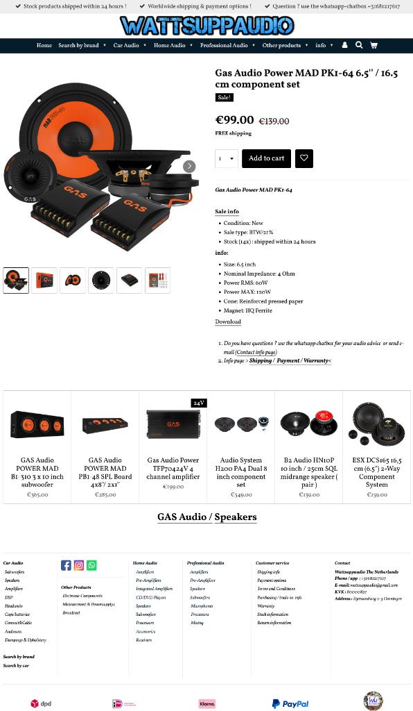 Gas Audio Power MAD PK1-64 6.5'' / 16.5 cm Composet/speakers, Info@optimount.nl, Nieuw, Ophalen of Verzenden, Anholtseweg 48A 7091 HB DINXPERLO