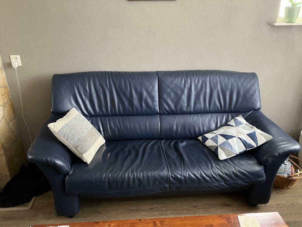 Leuk blauw 3 persoons leren bankstel te koop, Ophalen, Gebruikt, Driepersoons, Rechte bank