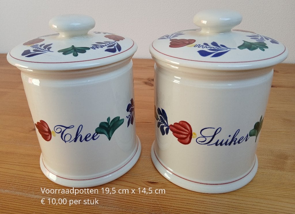 Voorraadpotten boerenbont "Suiker" en "Thee", Huis en Inrichting, Ophalen, Gebruikt, Royal Boch, Aardewerk