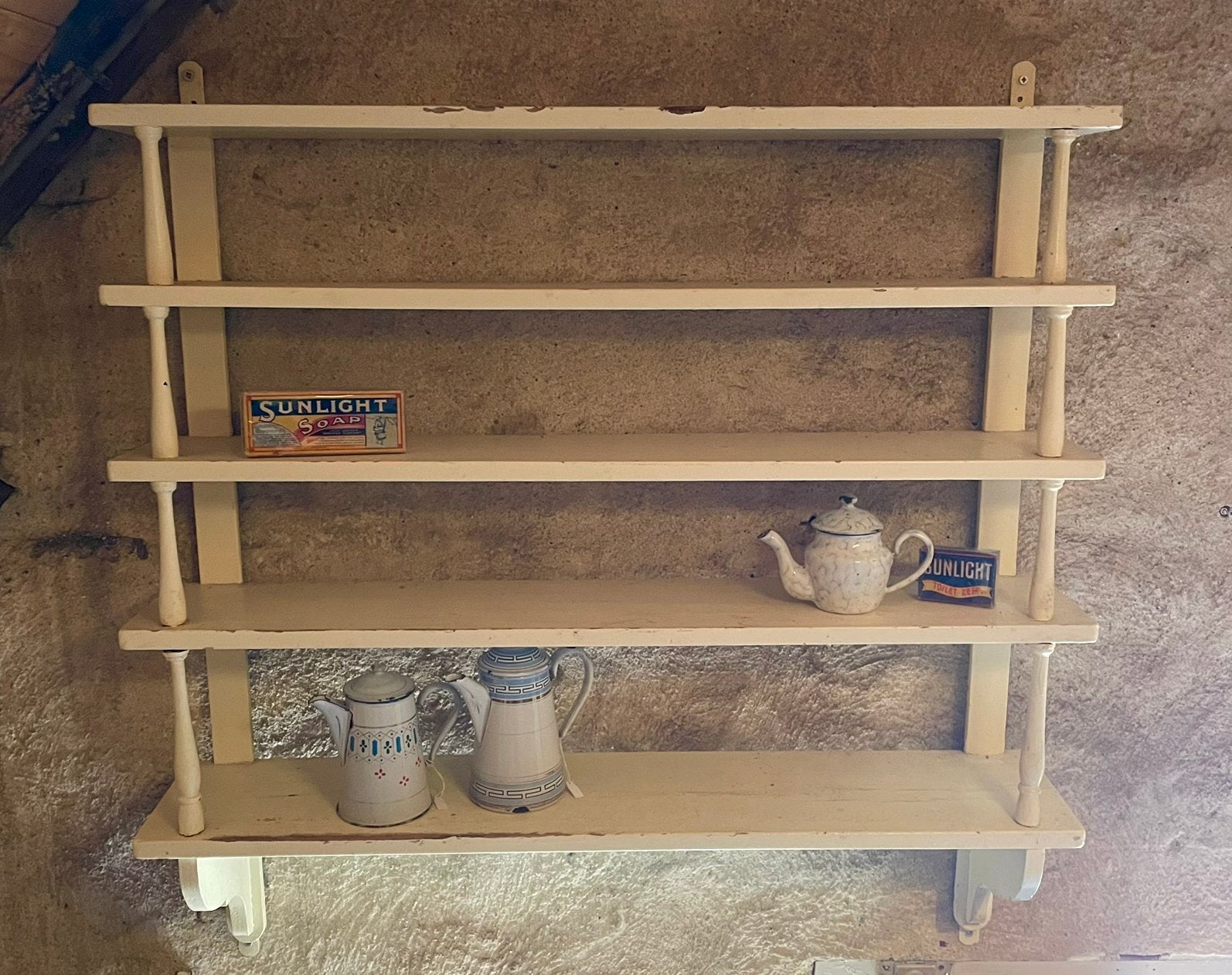 Brocante oud Frans groot regaal / wandrek 5 plankjes, Ophalen