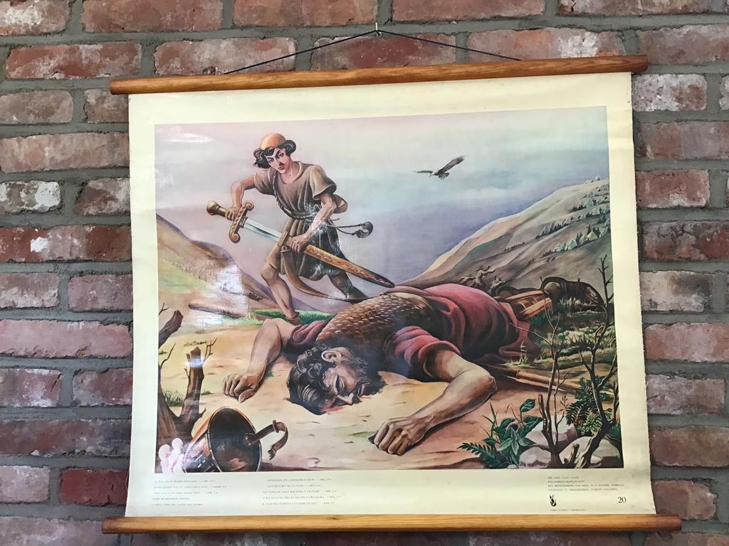 Oude schoolplaat David en Goliath 1951, Antiek en Kunst, Antiek | Schoolplaten, Ophalen of Verzenden