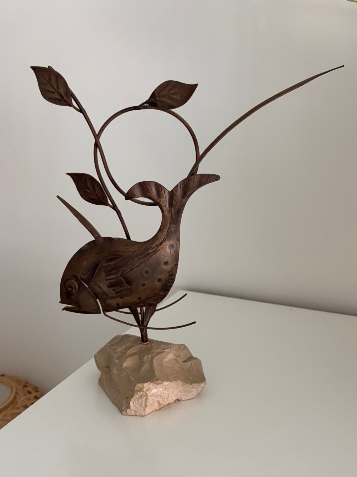Vintage Metalen Vissen Sculptuur Op Rotsvoet Jaren 60, Ophalen of Verzenden