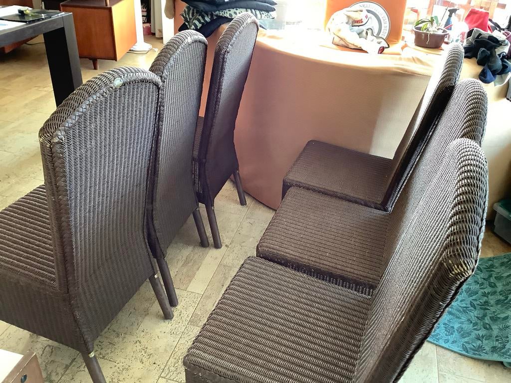 Indische eetkamerstoelen met rotan zitting en rugleuning, Ophalen, Gebruikt, Bruin, Riet of Rotan