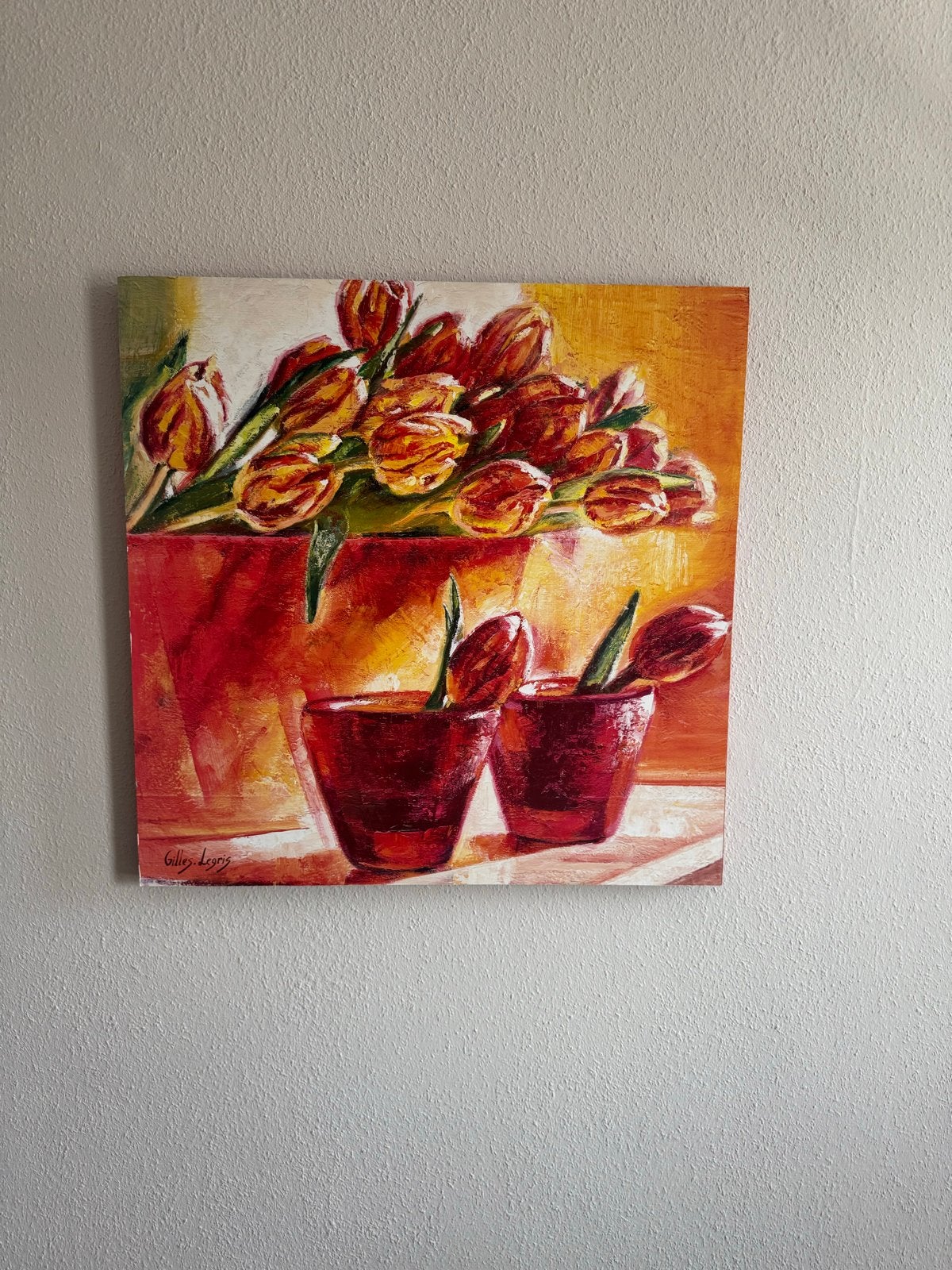 Schilderij met tulpen in rode vazen, Ophalen, Expressionistisch, Bloemen, Paneel