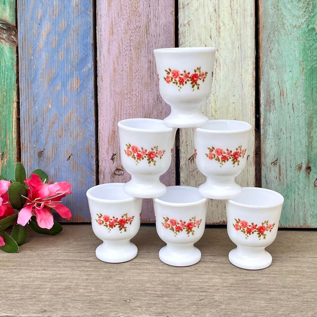 Vintage Arcopal eierdopjes roze bloemetjes model Bagatelle, Gebruikt, Overige typen, Ophalen of Verzenden, Glas