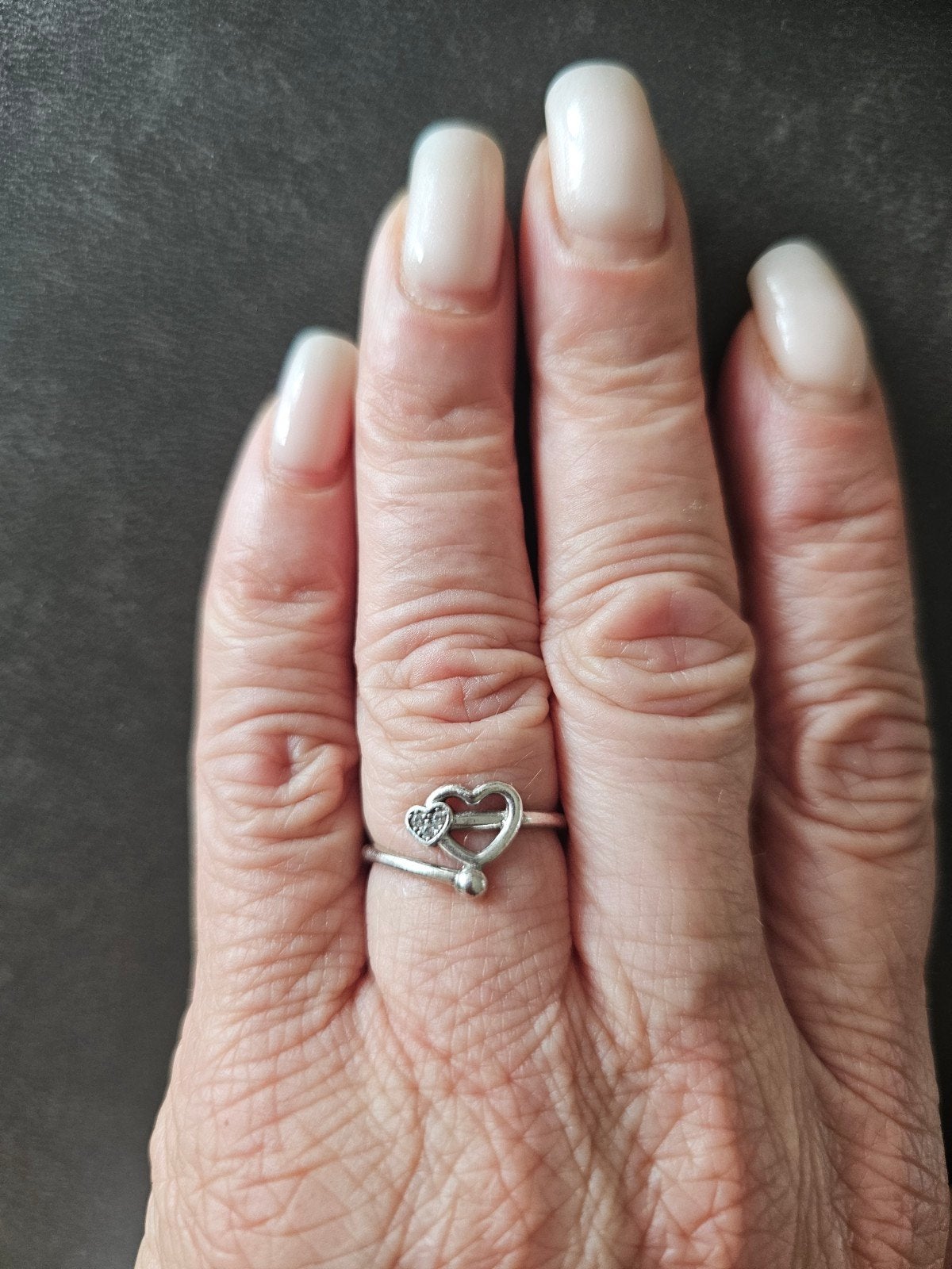 Hartjes Ring 925 Zilver Verstelbaar, Met kristal, Gebruikt, Ophalen of Verzenden, 17 tot 18