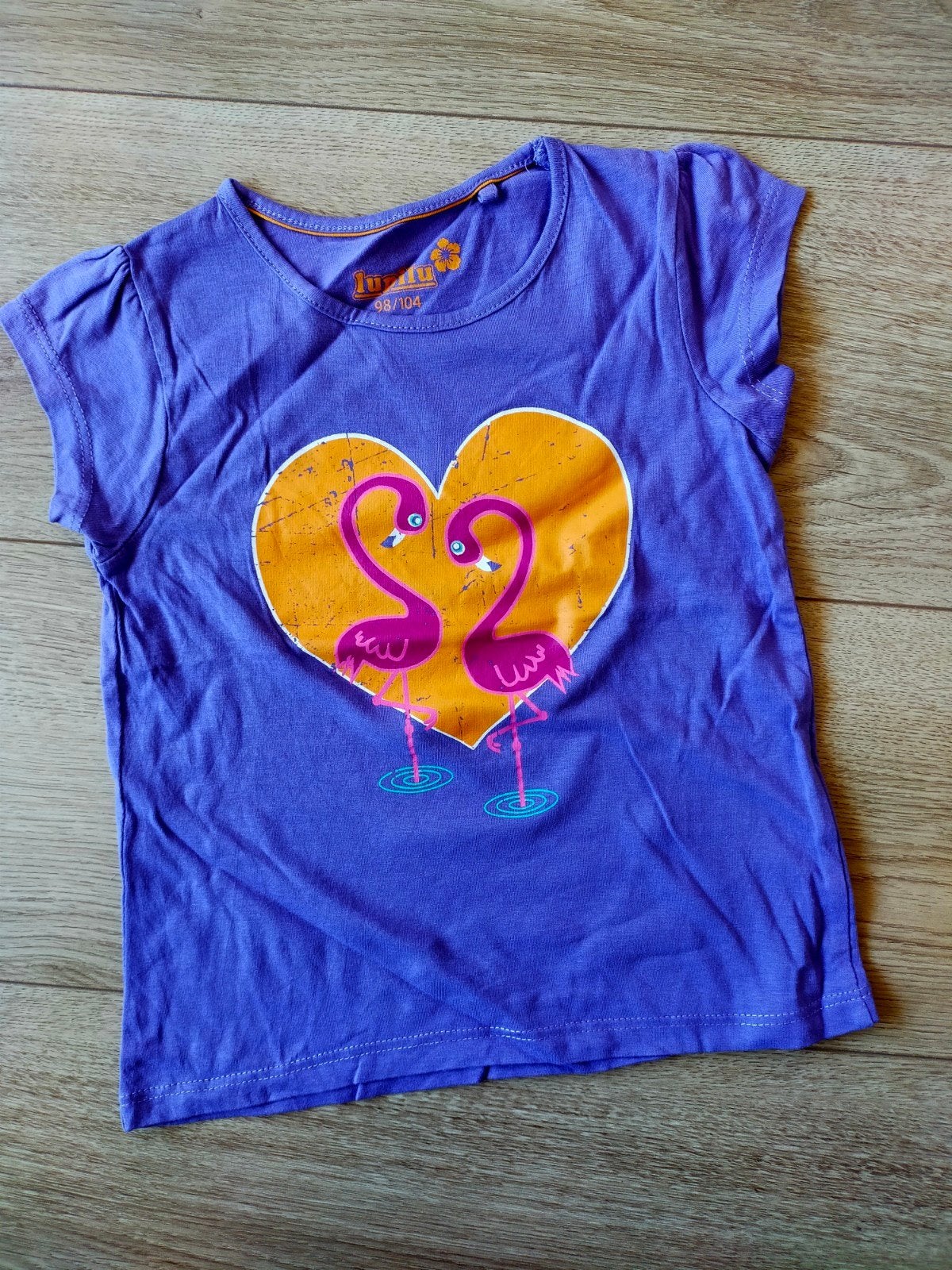 Zgan! Schattig paars t-shirt met flamingo Lupilu! Mt 98/104, Kinderen en Baby's, Kinderkleding | Maat 98, Meisje, Ophalen of Verzenden
