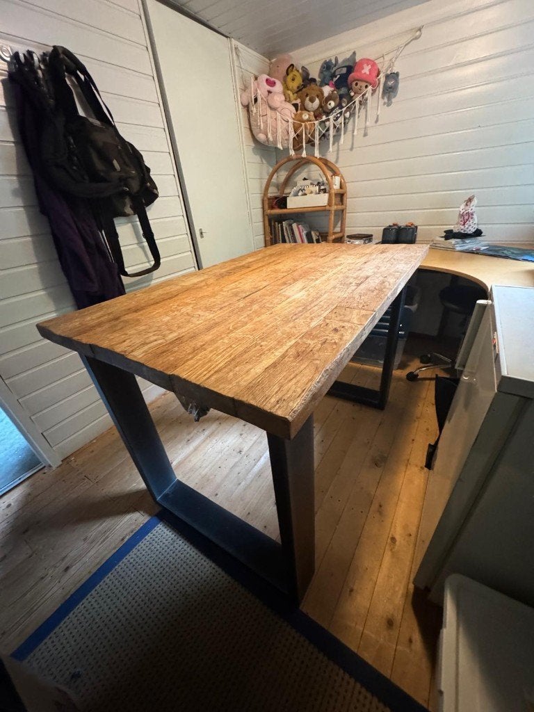 Industriele houten bartafel halfhoog 90cm, Ophalen, Gebruikt