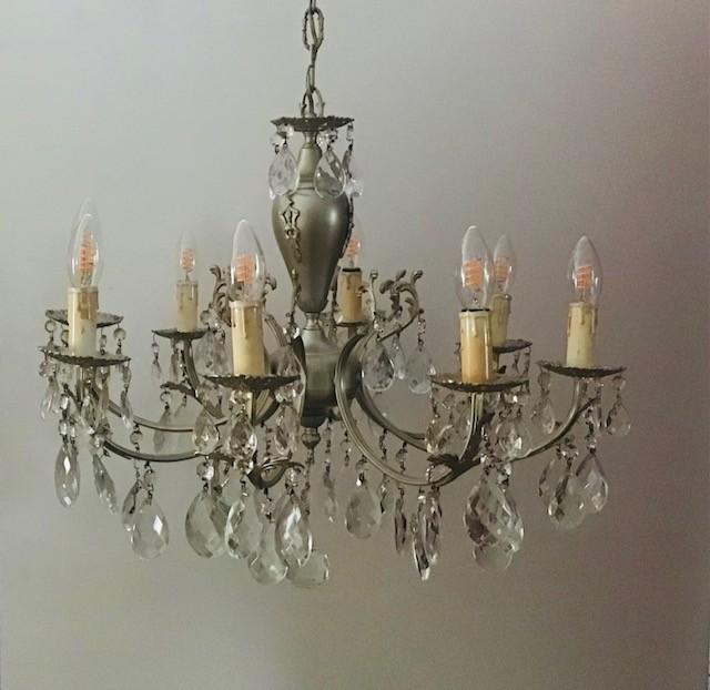 Kroonluchter met 8 armen en kristallen geslepen hangers, Ophalen, Gebruikt, Glas, Vintage