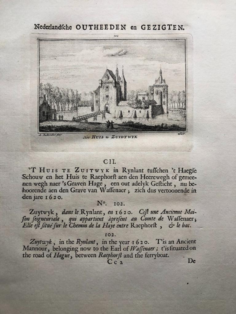 102 / Huis te Zuidwijk Rhijnland Kopergravure 1732, Ophalen of Verzenden
