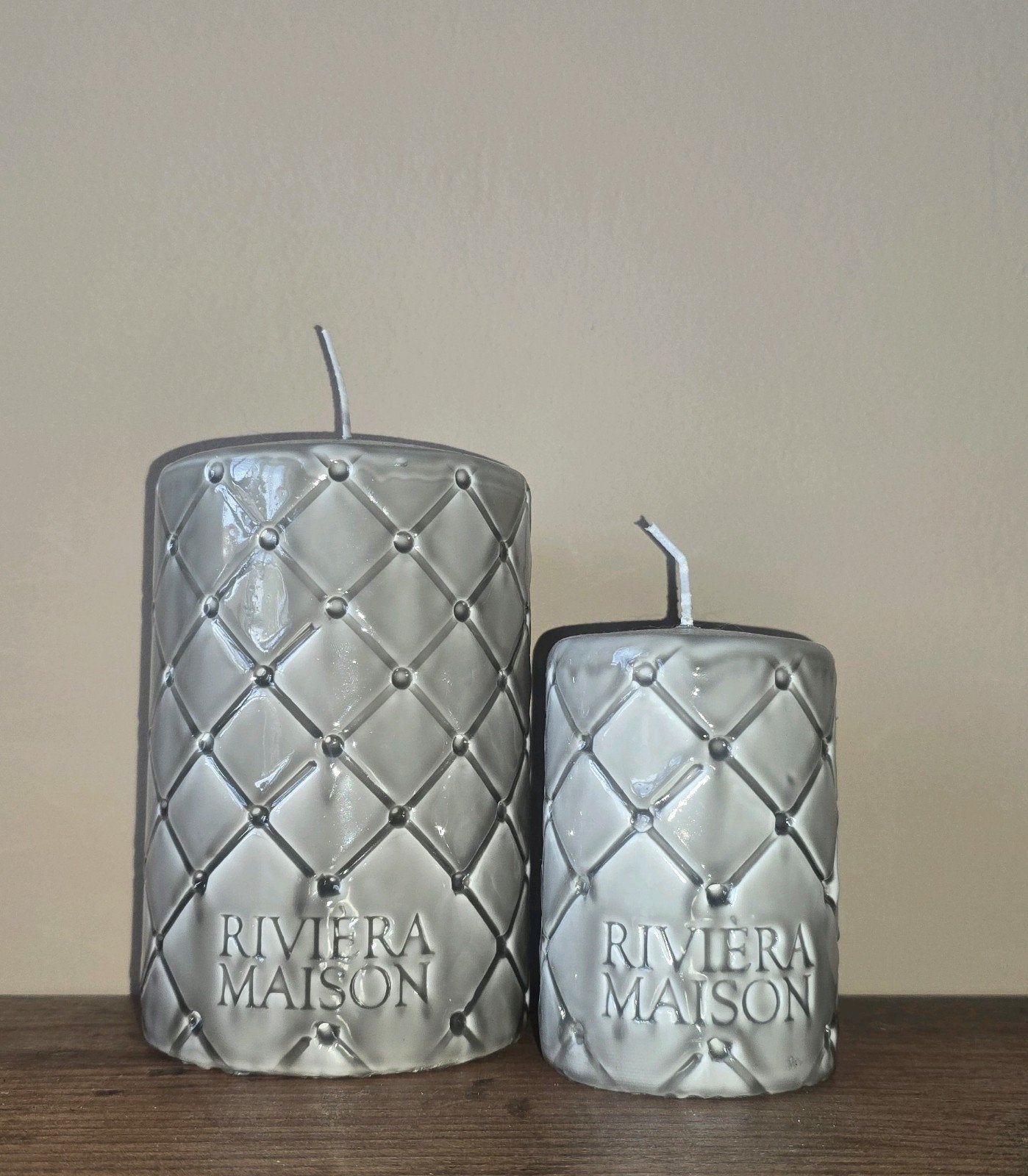 Riviera Maison Kaarsen Set - Groot (14cm) en Klein (10cm), Ophalen of Verzenden, Grijs, Kaars, Was