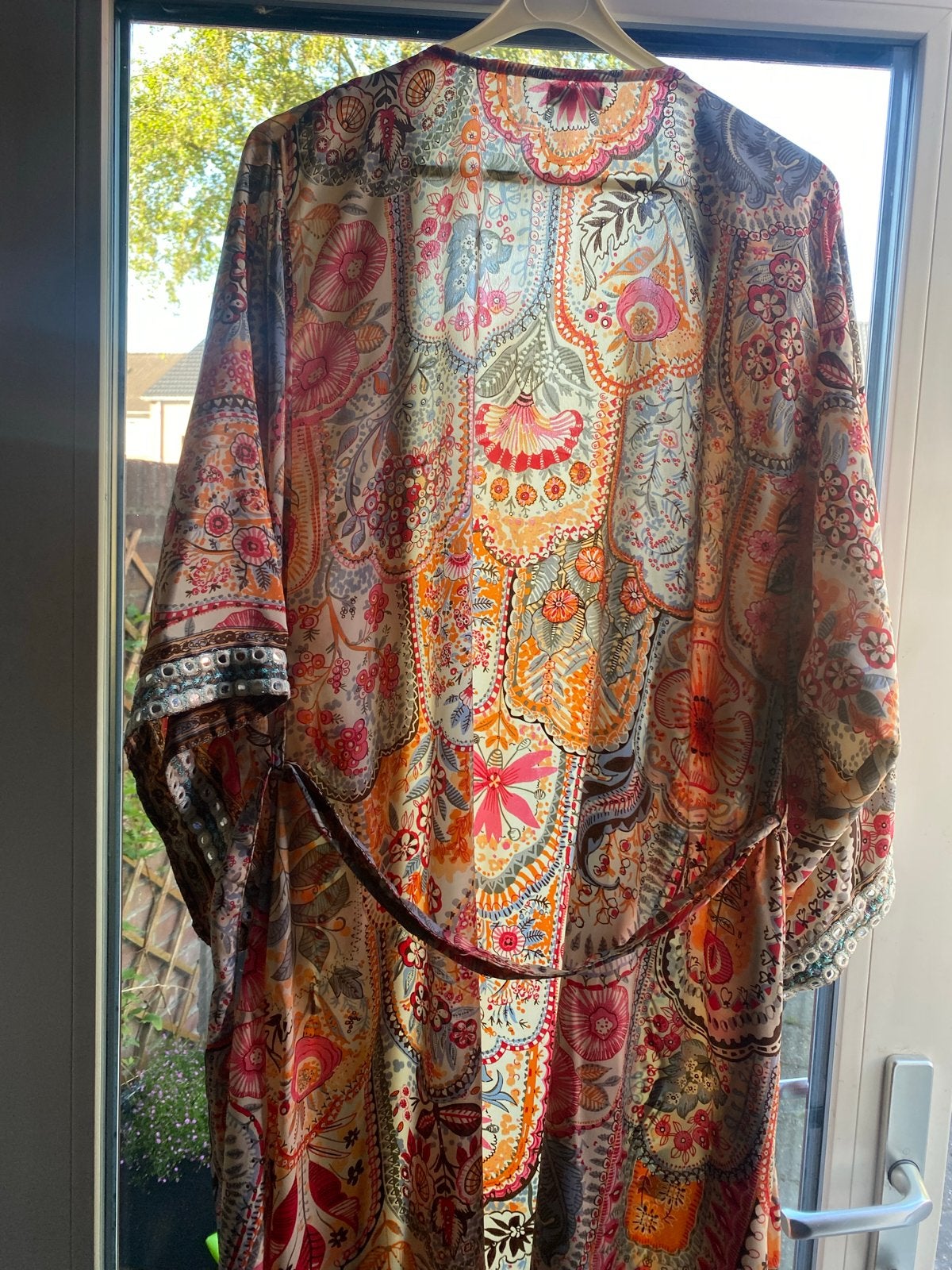 Boho Kimono met kleurrijke print en spiegeldetails, Meerkleurig, Maat 42/44 (L), Ophalen of Verzenden, Zo goed als nieuw