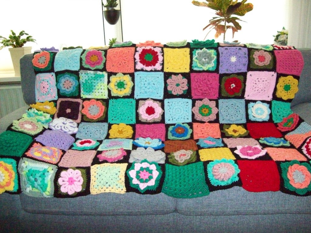 Plaid met Bloemen, Overige kleuren, Gehaakt, Wol, Nieuw