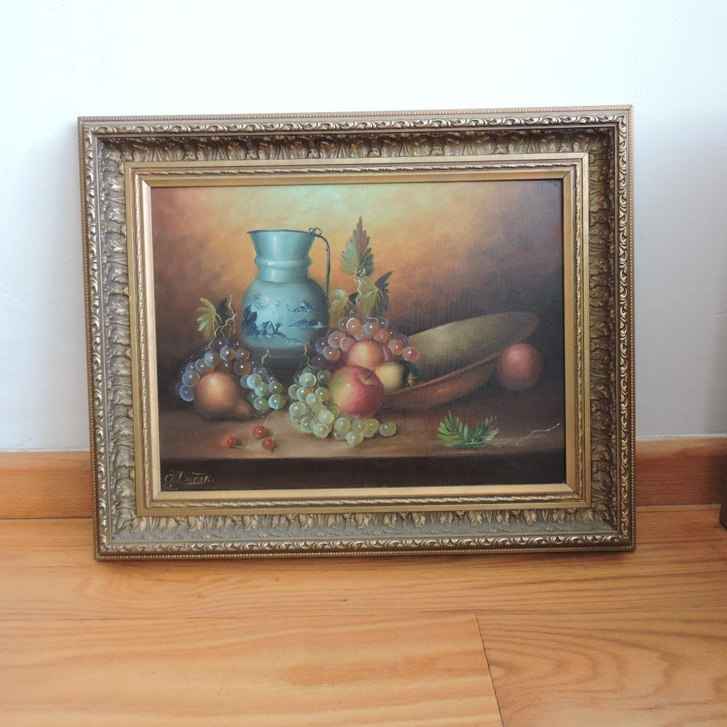 Schilderij stil leven gesigneerd C.H. Diemer, Doek, Stilleven, Ophalen of Verzenden, Bijzondere lijst