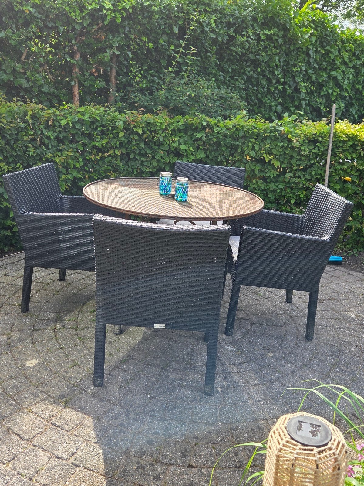 Wicker tuinset met ronde tafel en 4 stoelen, Tuin en Terras, Tuinsets en Loungesets, Ophalen, 4 zitplaatsen, Gebruikt, Wicker