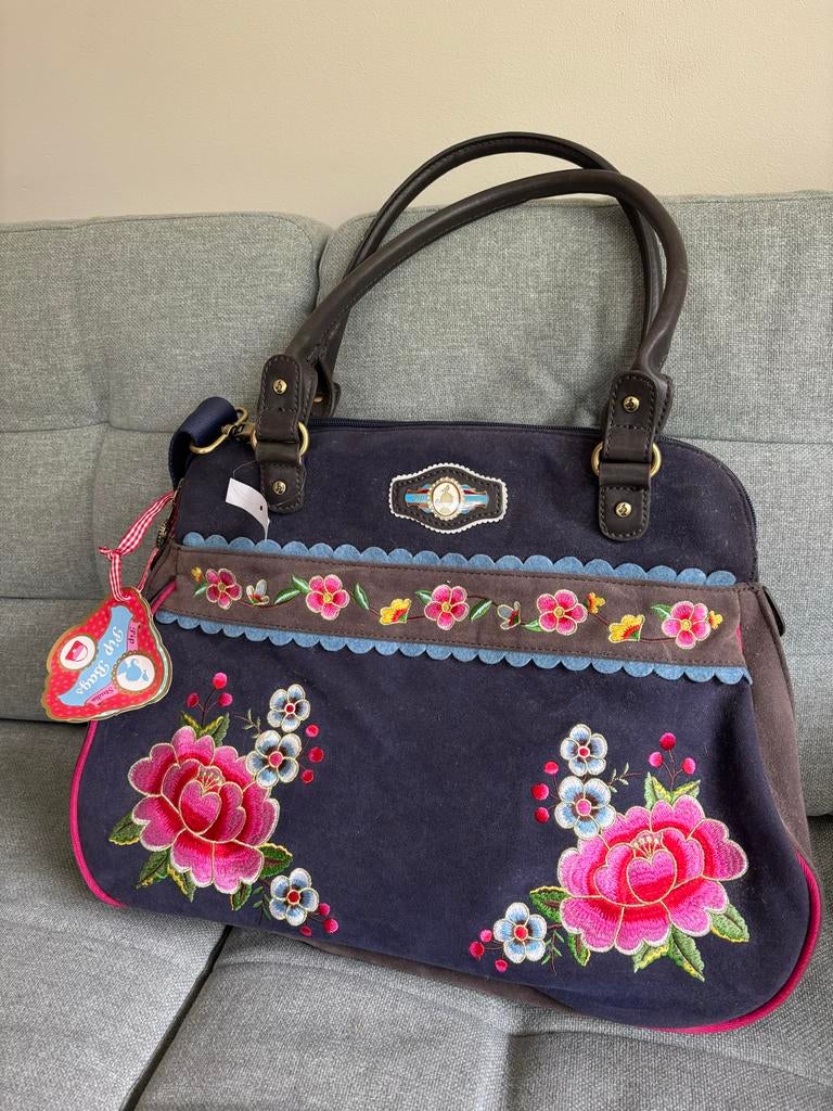 Unieke Pip Studio tas - Gebloemd blauw/grijs met roze, Ophalen of Verzenden, Zo goed als nieuw, Blauw, Handtas