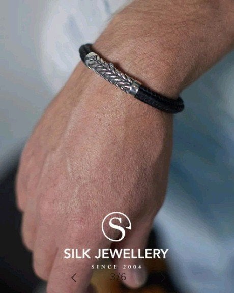 Silk Zipp ( heren) armband 925 zilver en zwart leer, Sieraden, Tassen en Uiterlijk, Armbanden, Ophalen of Verzenden, Gebruikt