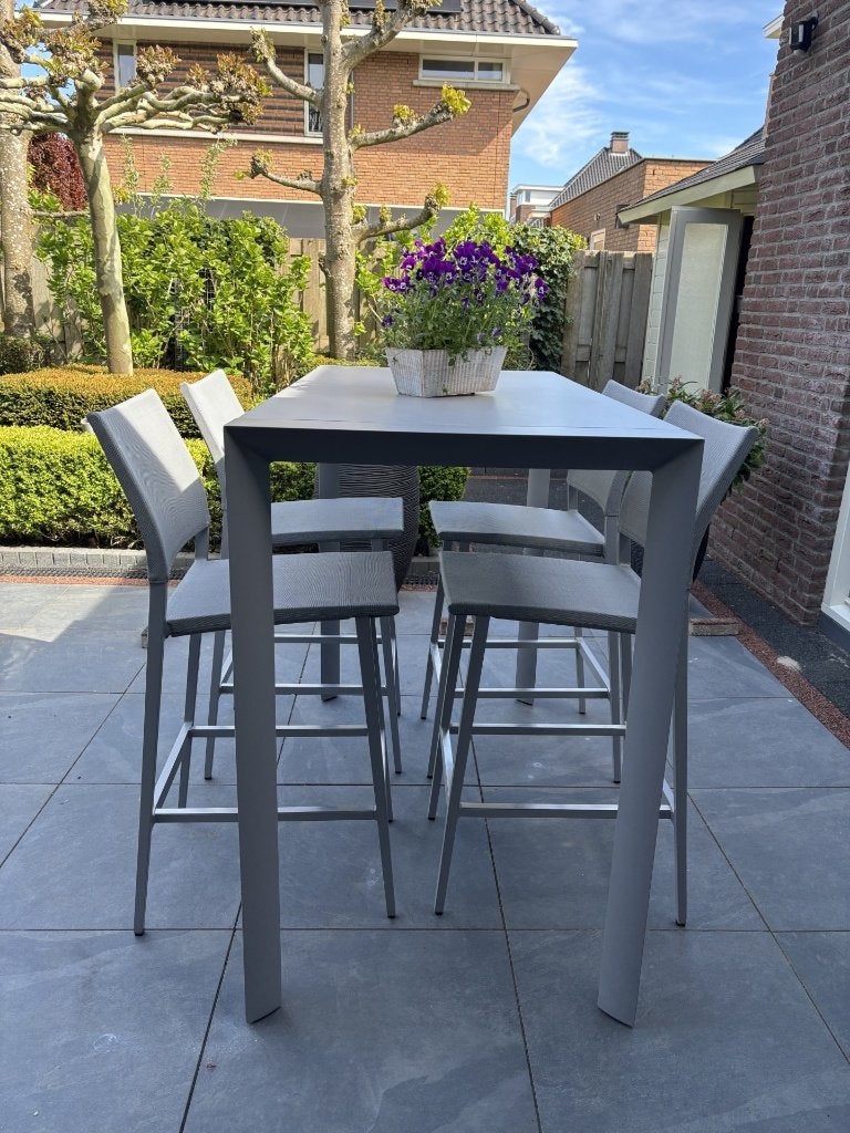 Tuin bartafel aluminium met 4 krukken, Ophalen, Zo goed als nieuw, Rechthoekig, Aluminium
