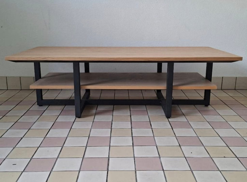 salontafel XOOON eikenhouten blad met metalen onderstel, Huis en Inrichting, Tafels | Salontafels, Ophalen, Gebruikt, Eikenhout